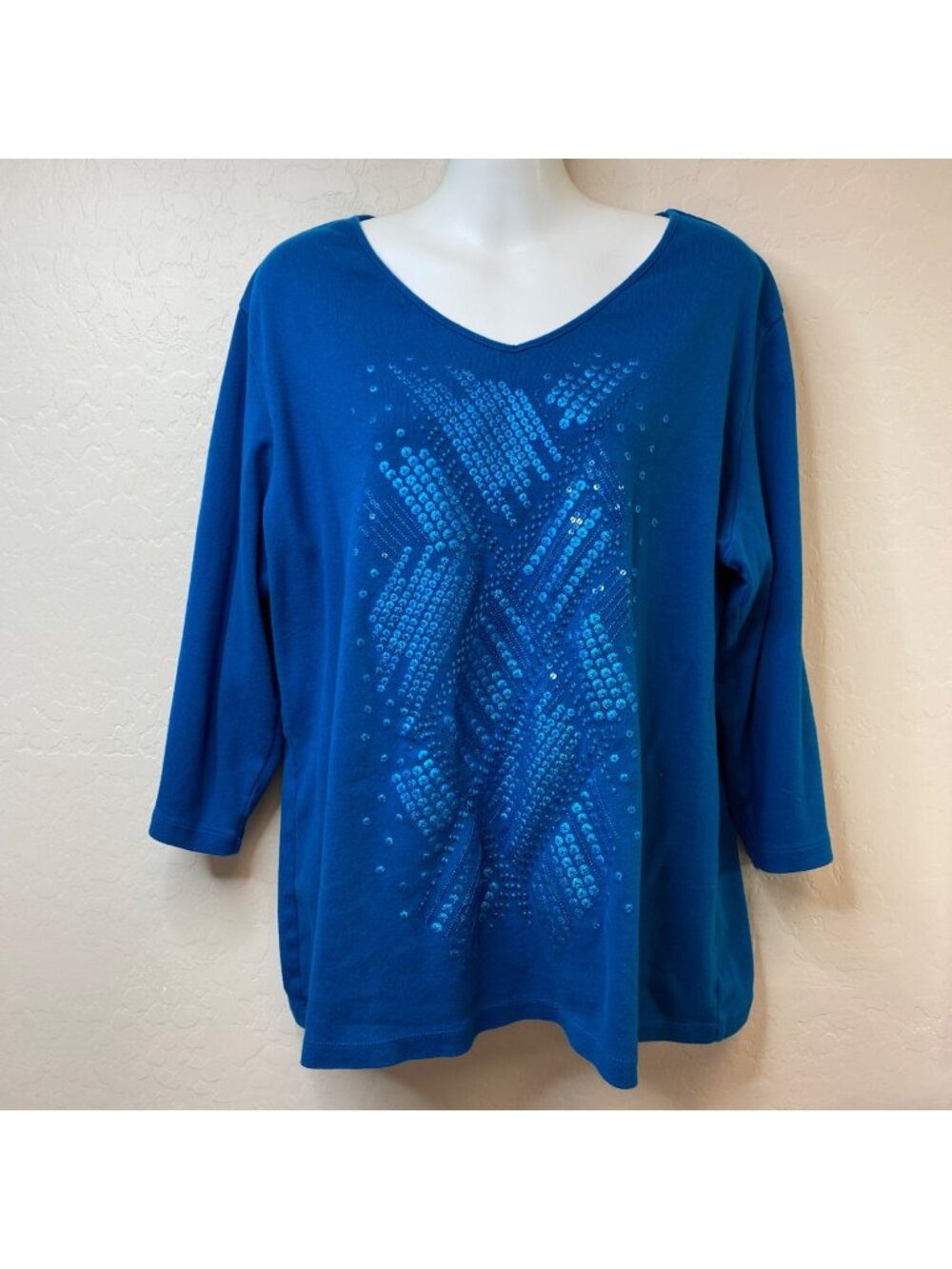 Karen Scott Womens 3/4 Sleeve V-Neck Blue Top Rhinestone Embellishments Size 1X